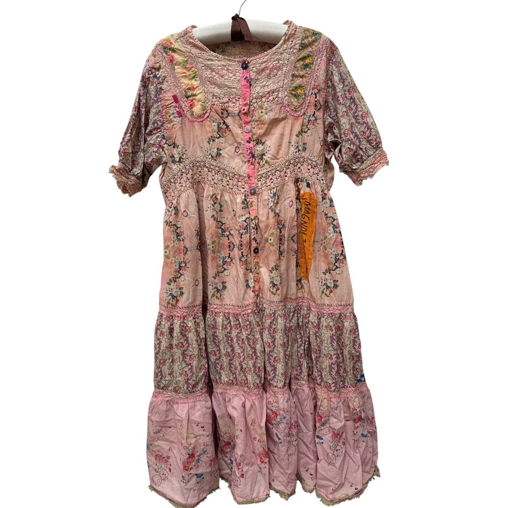 Magnolia Pearl Romantic Dress Pink Peach Lace Crochet Embroidered Short Sleeve - Picture 3 of 16